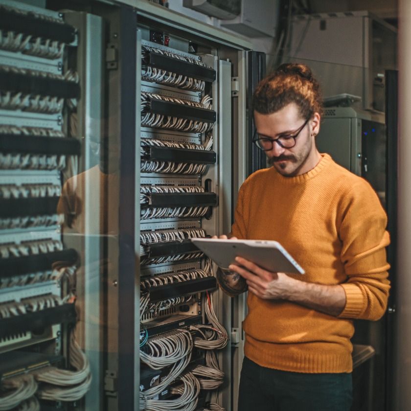 An engineer examines some important hardware in a server room.