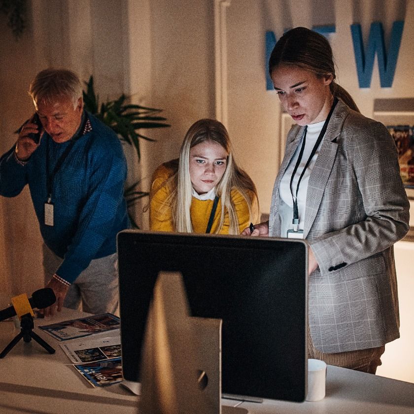 A group of colleagues gather around computer screen while examining their marketing campaign assets.