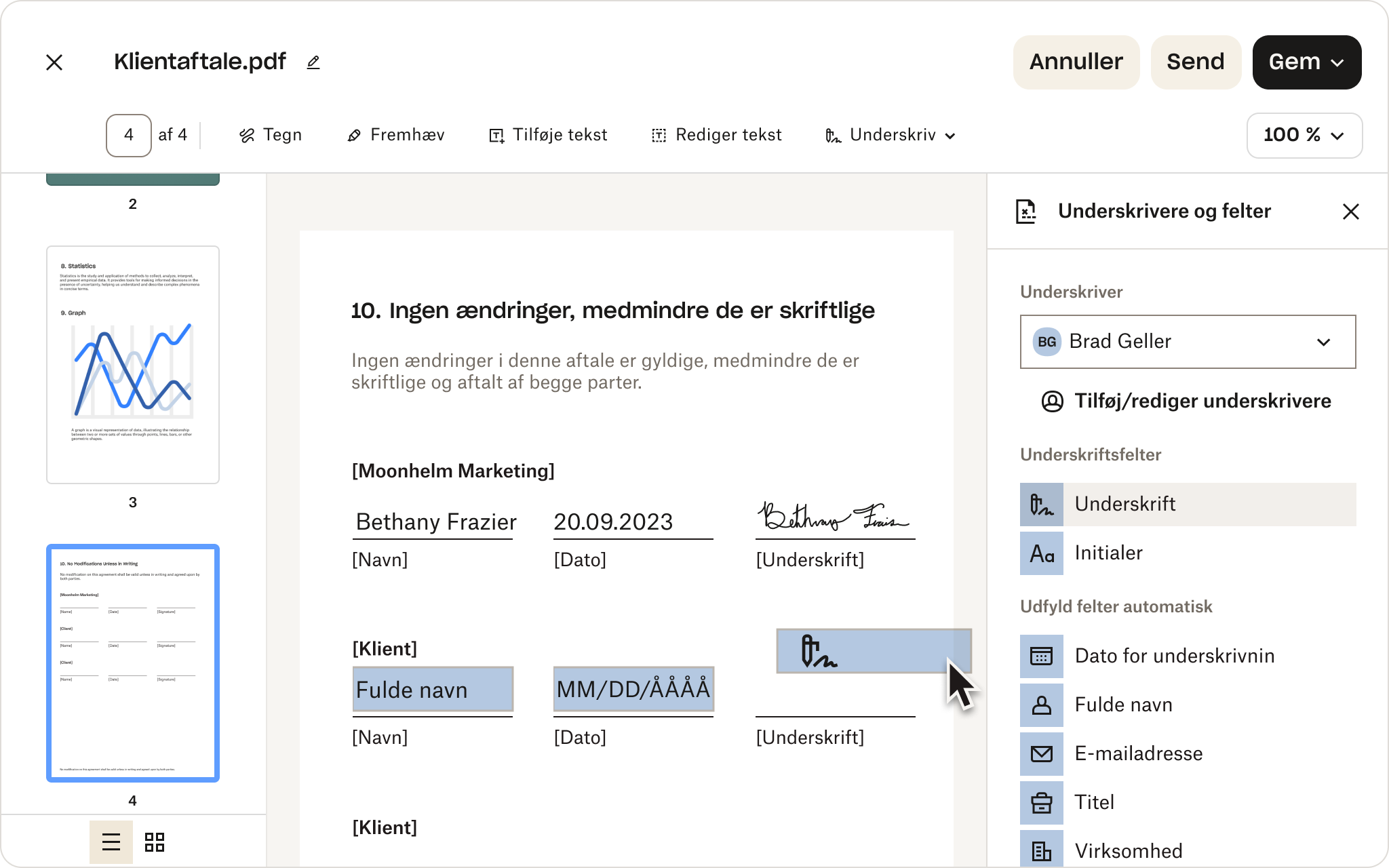 Et skærmbillede af Dropbox UI, der viser en PDF med felter, der kan udfyldes. En markør svæver over muligheden for at tilføje en e-signatur.