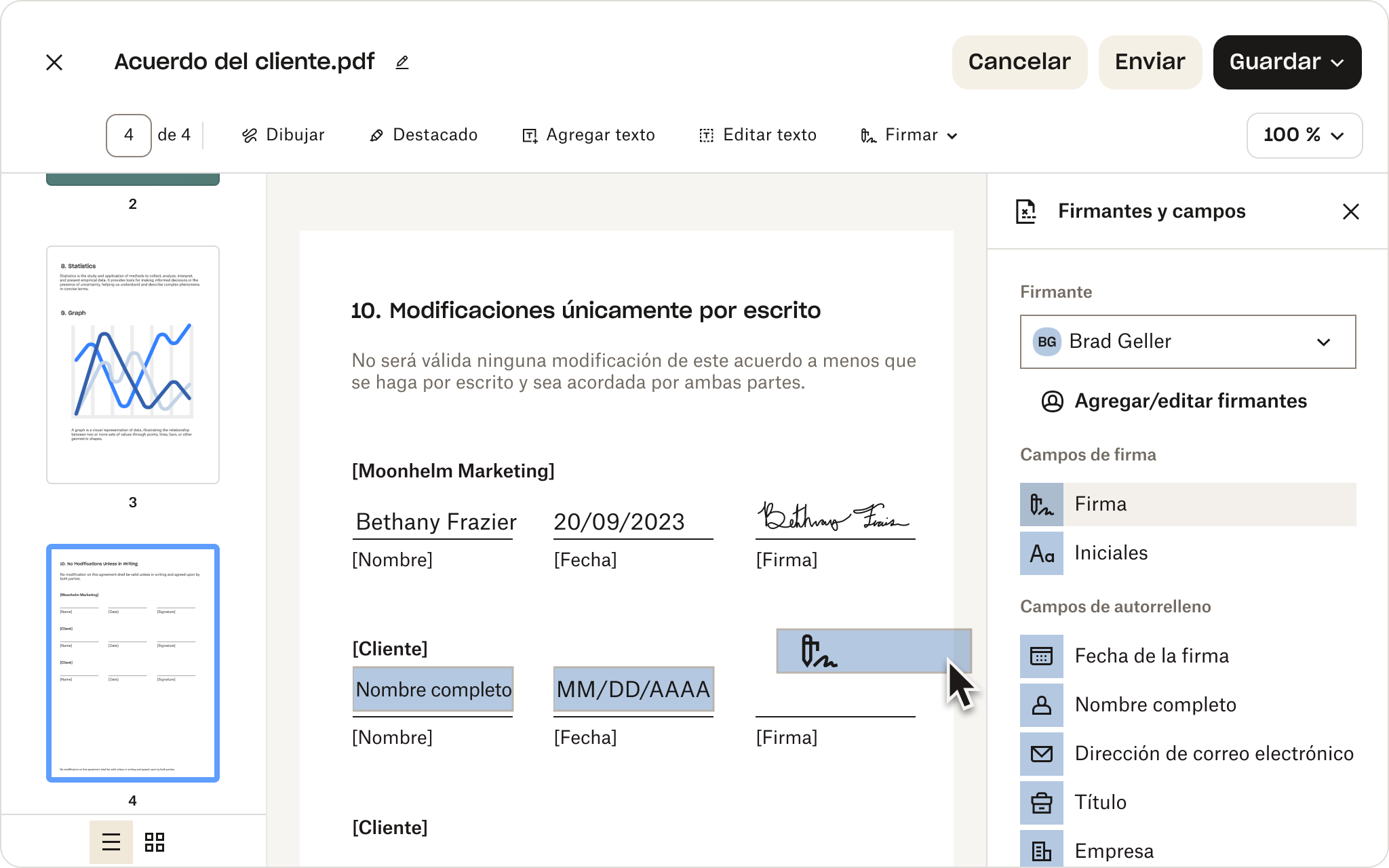 Una captura de pantalla de la interfaz de usuario de Dropbox, que muestra un PDF con campos rellenables. Un cursor se desplaza sobre la opción para agregar una firma electrónica.