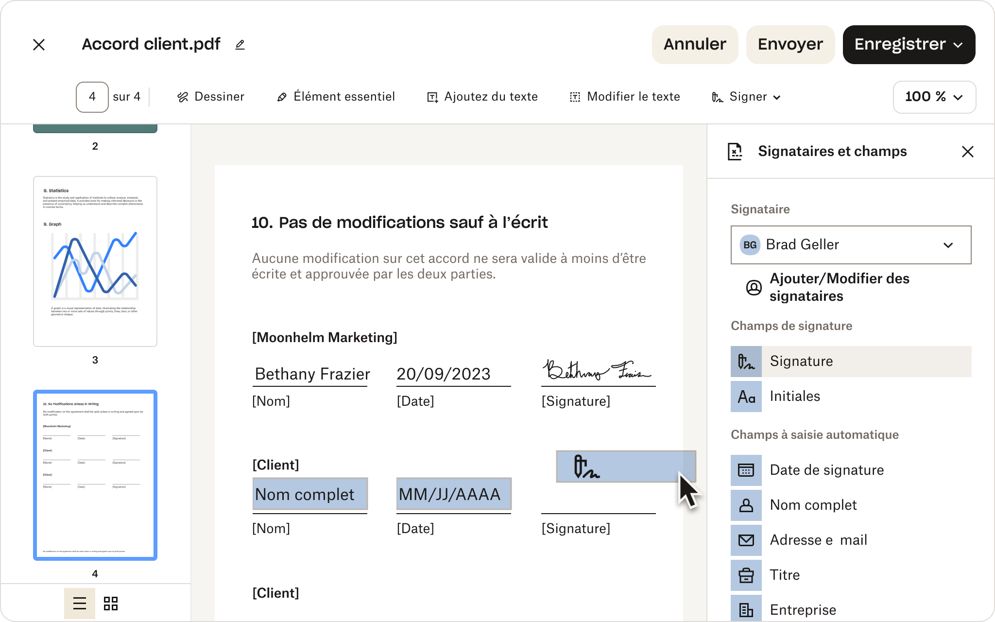 Une capture d’écran de l’interface utilisateur de Dropbox, affichant un PDF avec des champs à remplir. Un curseur survole l’option permettant d’ajouter une signature électronique.
