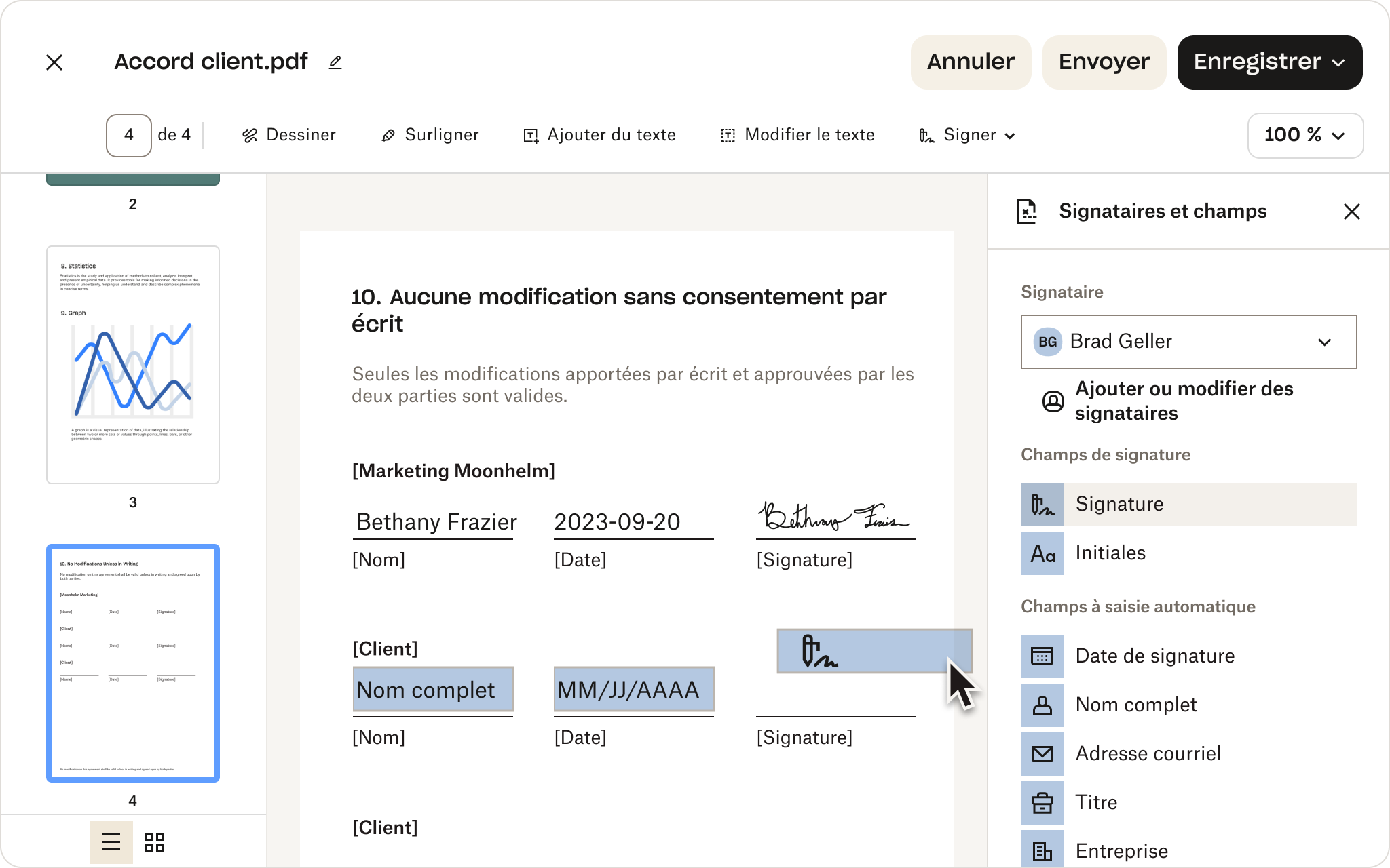 Une capture d’écran de l'interface utilisateur de Dropbox, qui montre un fichier PDF avec des champs à remplir. Un curseur survole l’option permettant d’ajouter une signature électronique.
