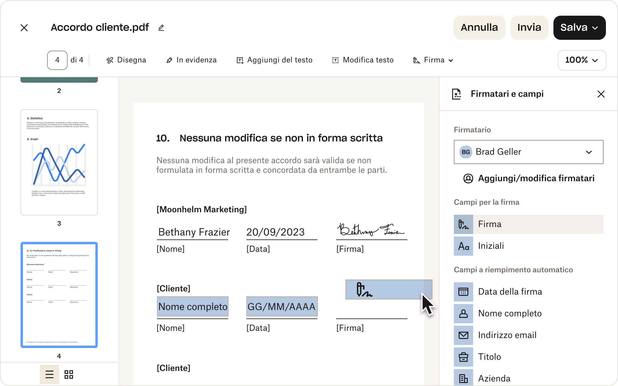 Uno screenshot dell’interfaccia utente di Dropbox, che mostra un PDF con campi compilabili. Un cursore passa sopra l’opzione per la firma elettronica.
