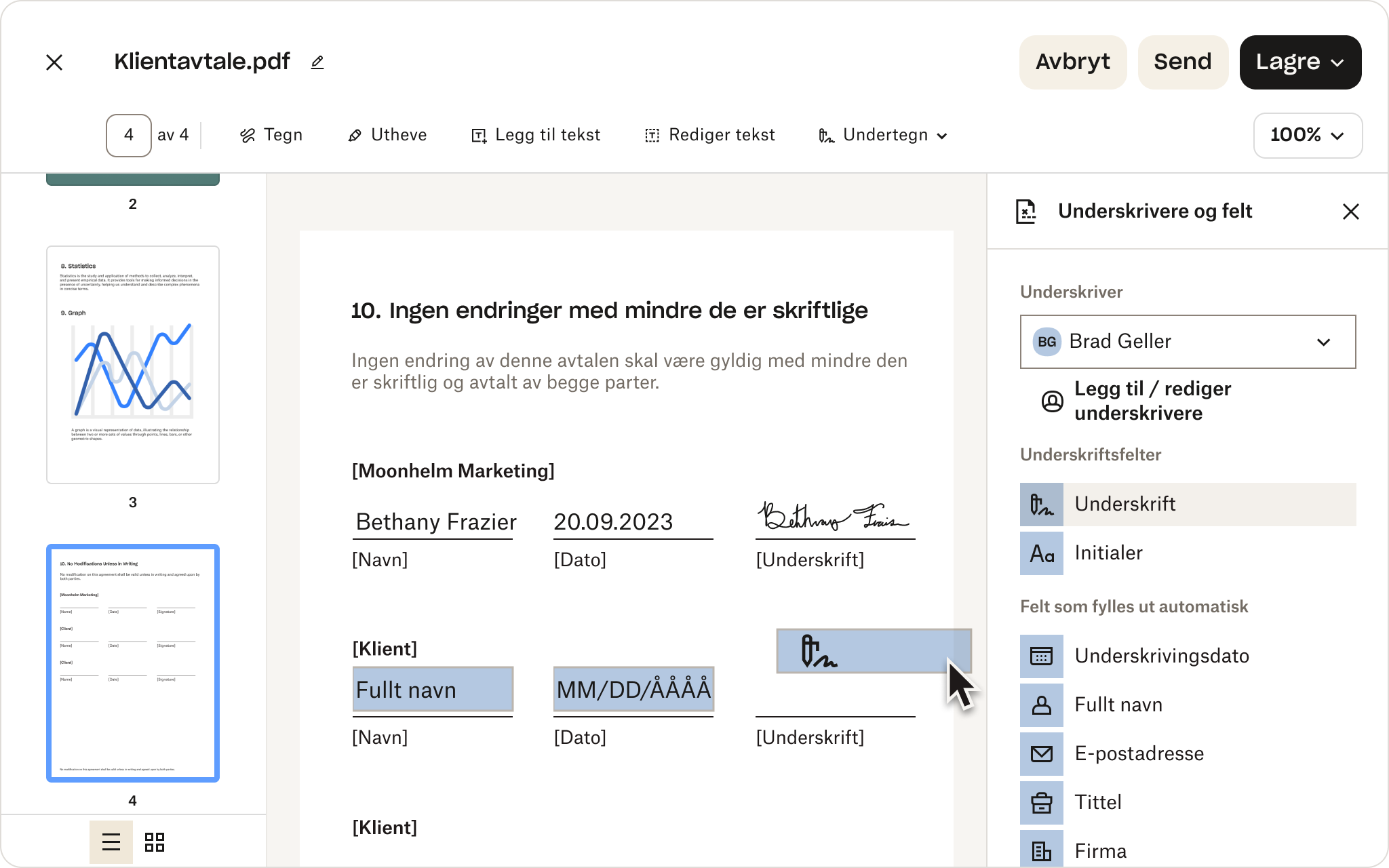 Digitalt dokument med eSignatur-felt klargjøres for kundeavtale, som illustrerer ferdigstillelse av profesjonell avtale.