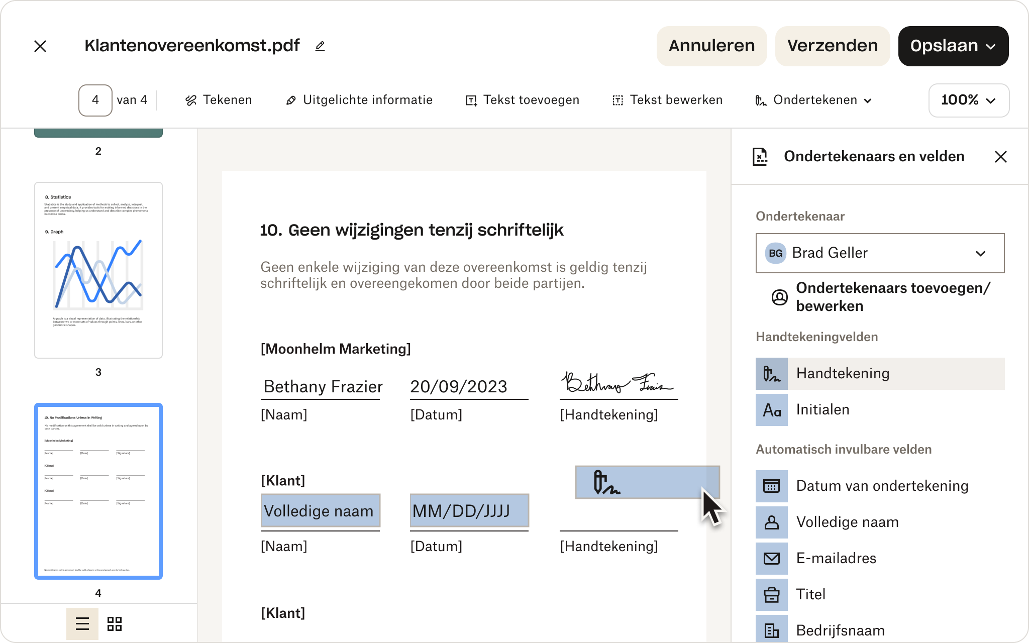 Digitaal document met e-handtekeningvelden dat wordt voorbereid voor de klantovereenkomst, ter illustratie van de professionele afronding van de deal.