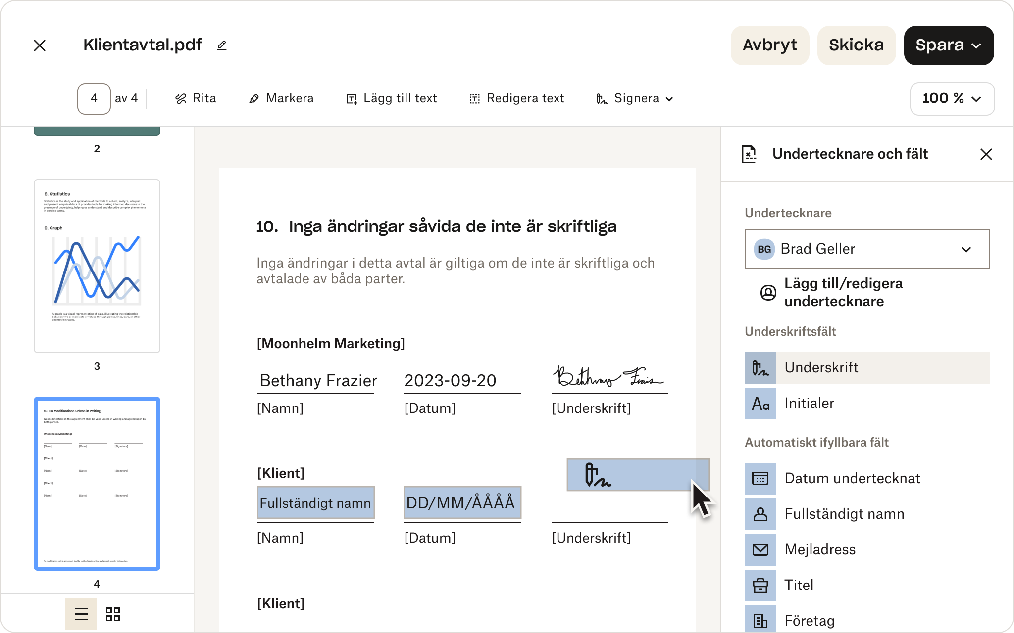 En skärmdump av Dropbox UI, som visar en PDF med ifyllbara fält. En markör svävar över alternativet att lägga till en e-signatur.