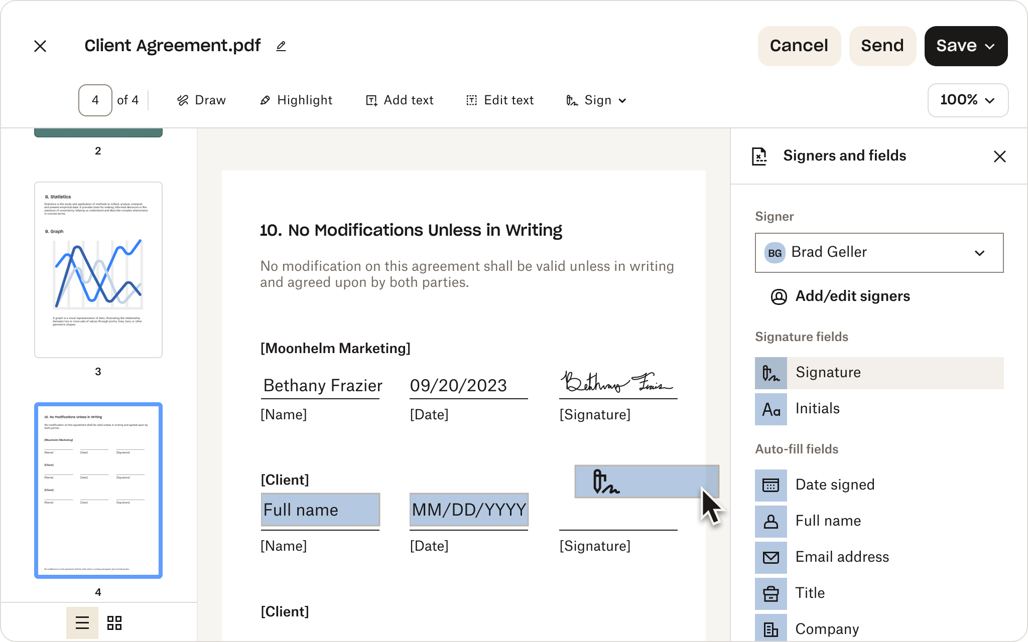Digital document with eSignature fields being prepared for client agreement, illustrating professional deal finalization.