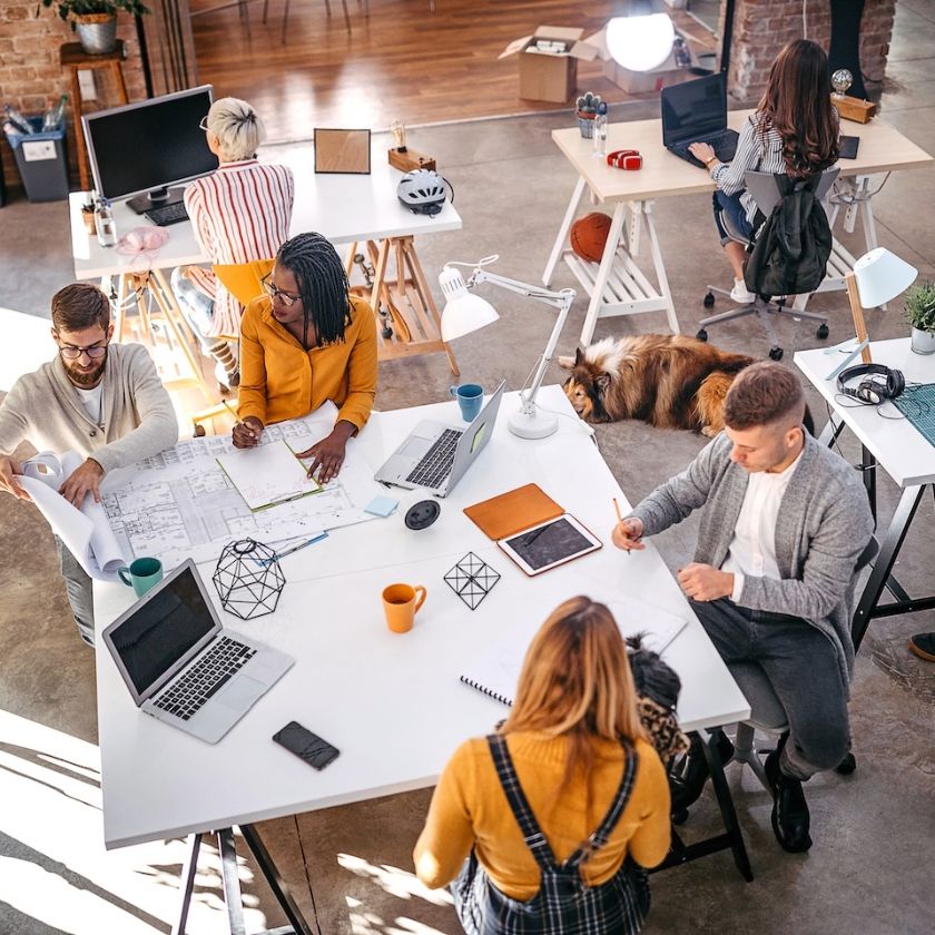Project stakeholders have a meeting in an office boardroom.