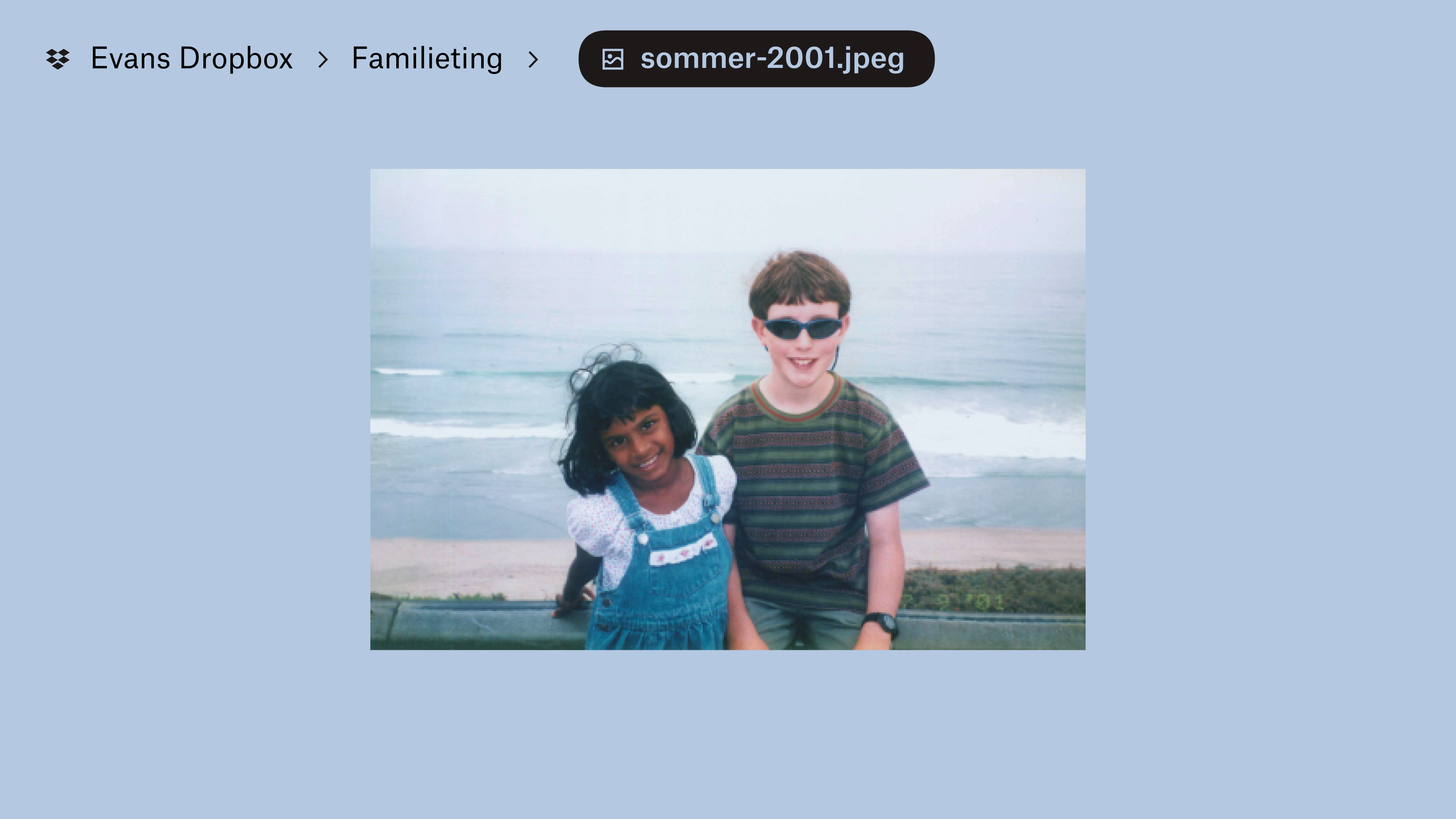Et billede gemt i “Evan’s Dropbox” i en mappe kaldet “Family Stuff”. To børn smiler til kameraet, og der er bølger og en strand bag dem.
