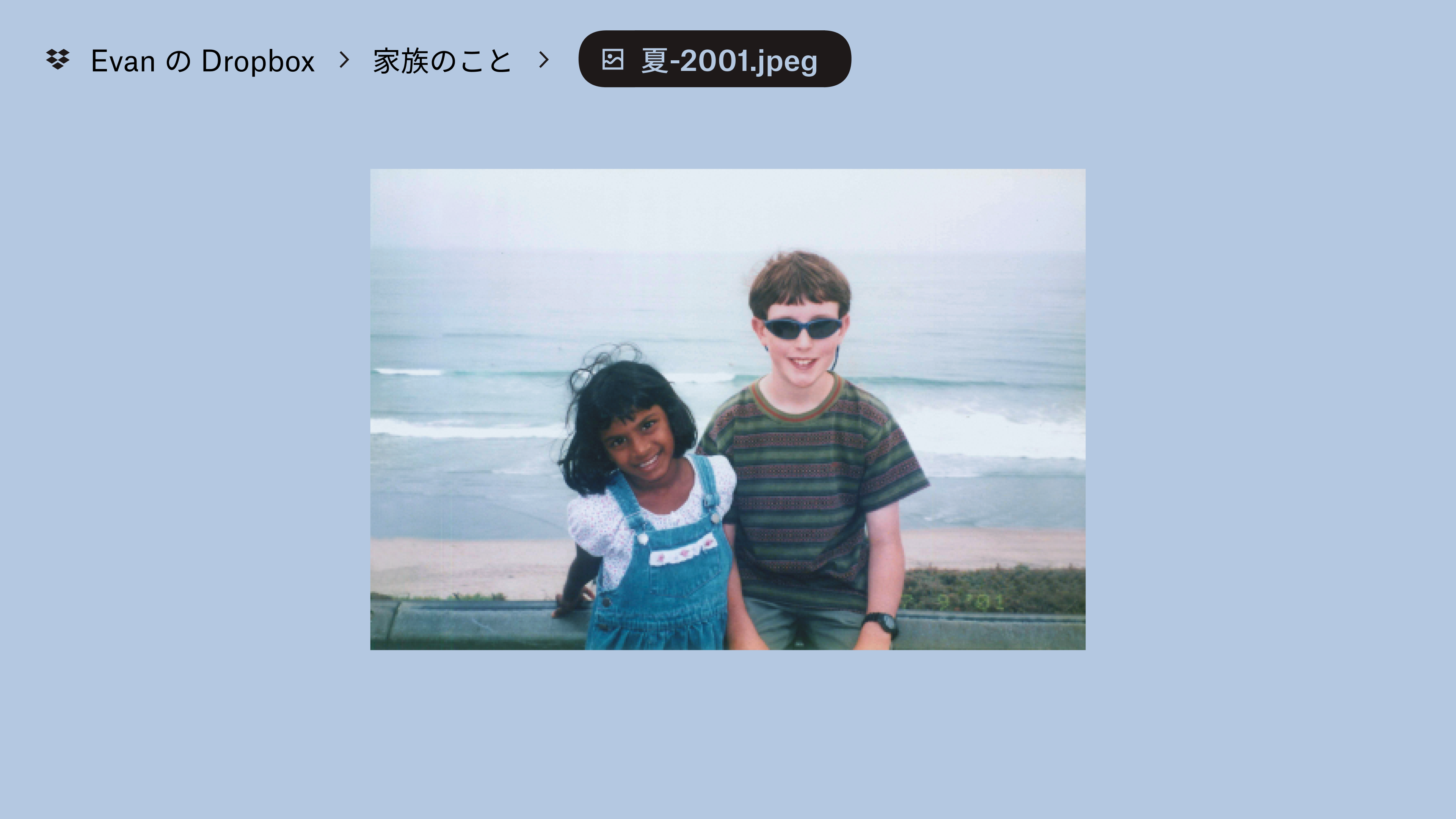 「Evan's Dropbox」の「Family Stuff」フォルダに保存されている写真。2 人の子供が波打つ浜辺を背に、カメラに向かって微笑んでいます。