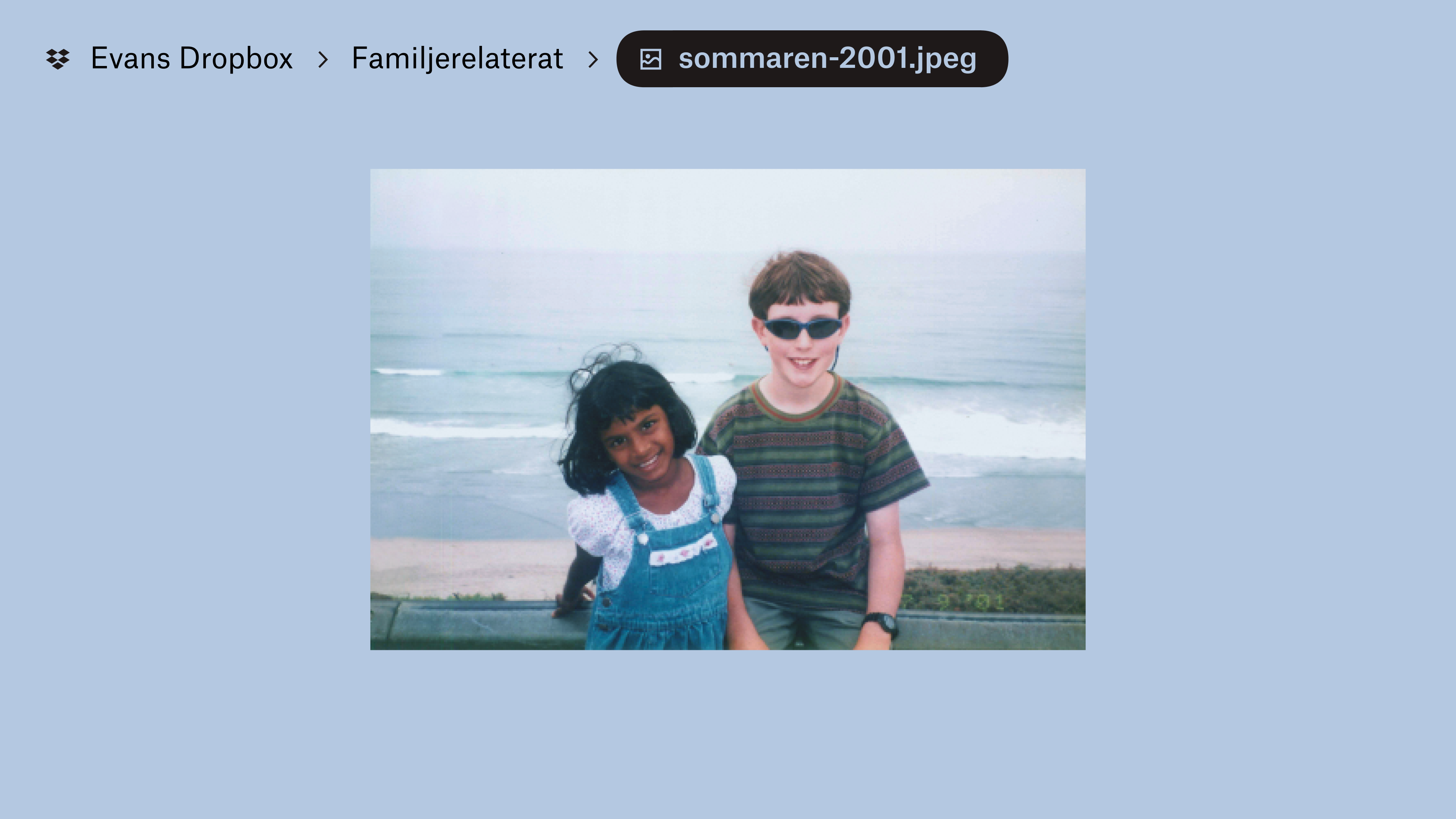 Ett foto lagrat i &quot;Evans Dropbox&quot; i en mapp med namnet &quot;Family Stuff&quot;. Två barn ler mot kameran, vågor på en strand bakom dem.