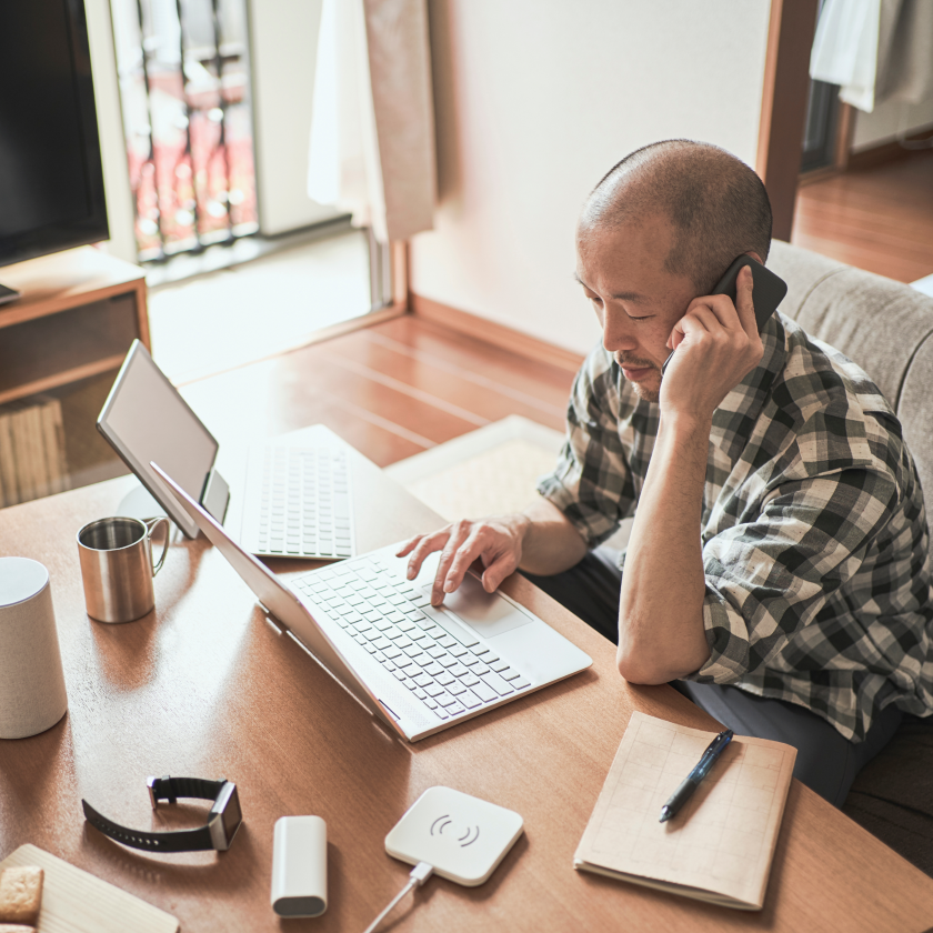 A remote worker collaborates with colleagues in other departments.