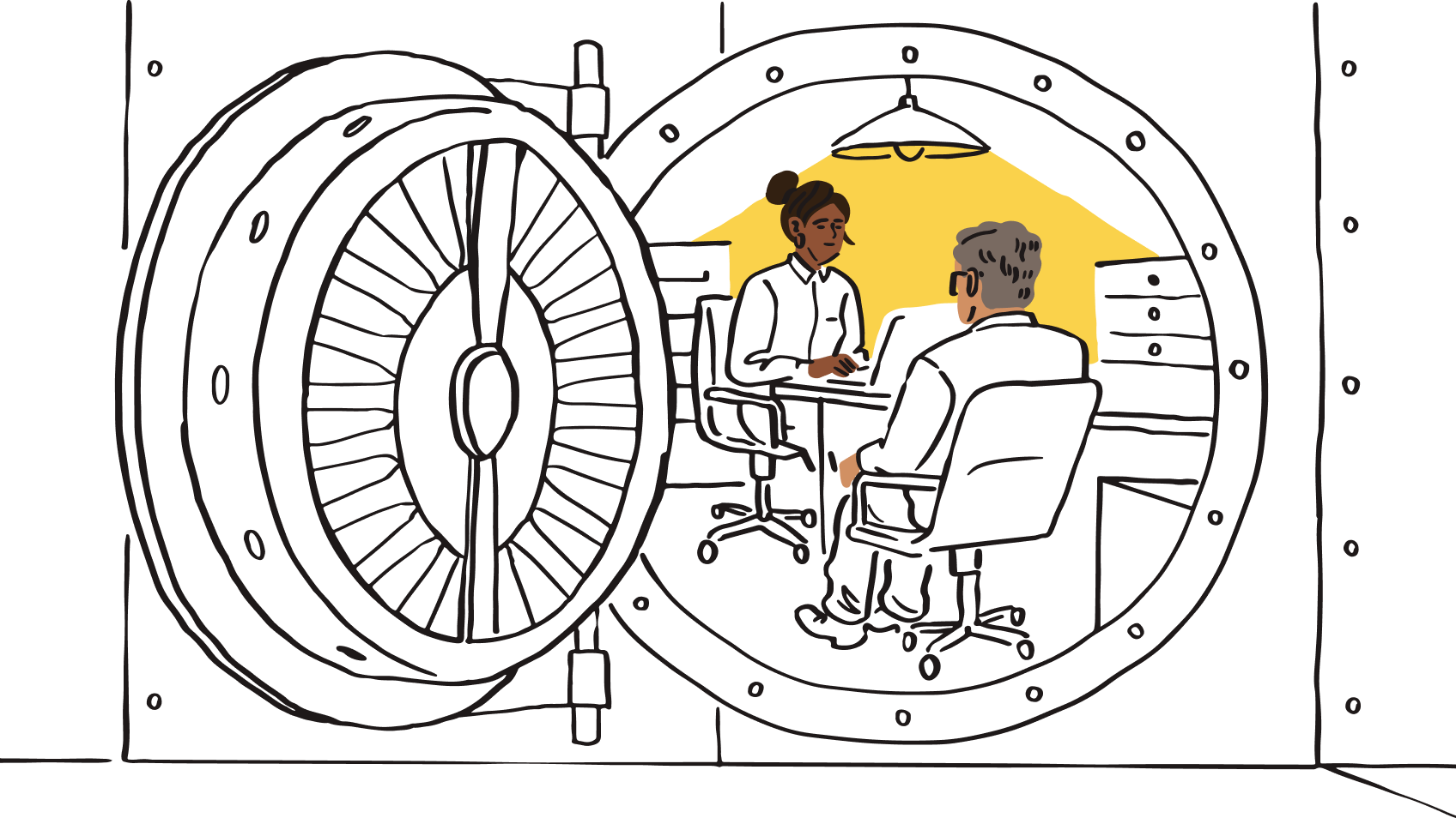 An illustration representing two people collaborating on a confidential project within a security vault.