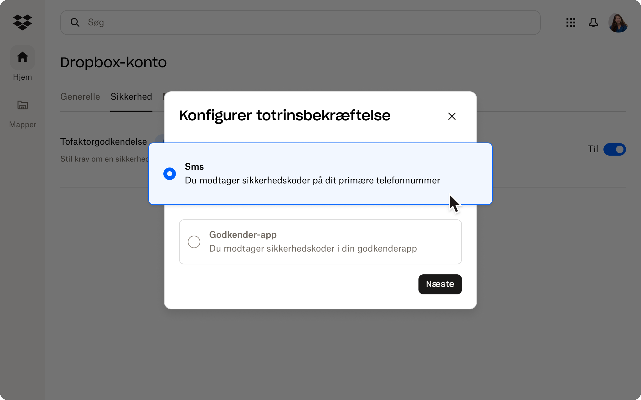 Skærmbillede af afsnittet Sikkerhed i Dropbox Admin Console. Det er vist, at brugeren har en stærk adgangskode, men ingen 2FA.
