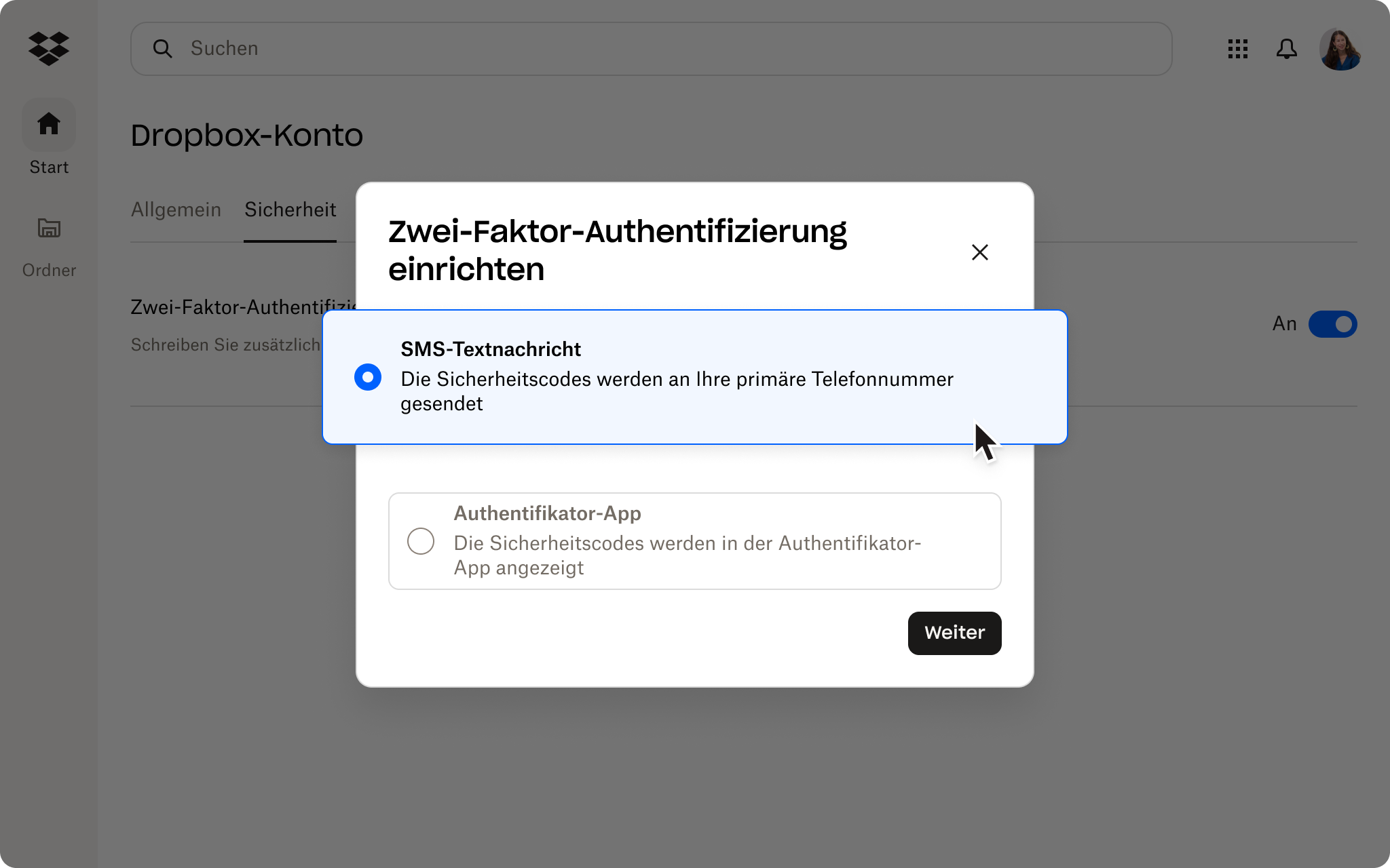 Screenshot des Abschnitts „Sicherheit“ in der Dropbox-Verwaltungskonsole. Der Nutzer hat ein starkes Passwort, verwendet jedoch nicht die 2FA.