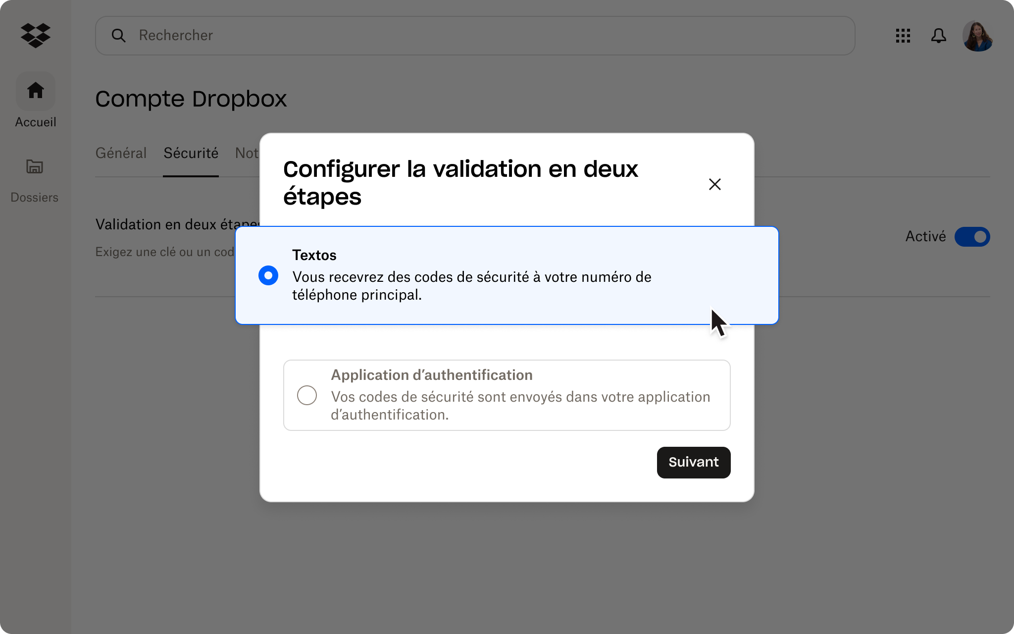 Capture d’écran de la section Sécurité de l’interface d’administration Dropbox. Il est démontré que l’utilisateur dispose d’un mot de passe fort mais pas de 2FA.