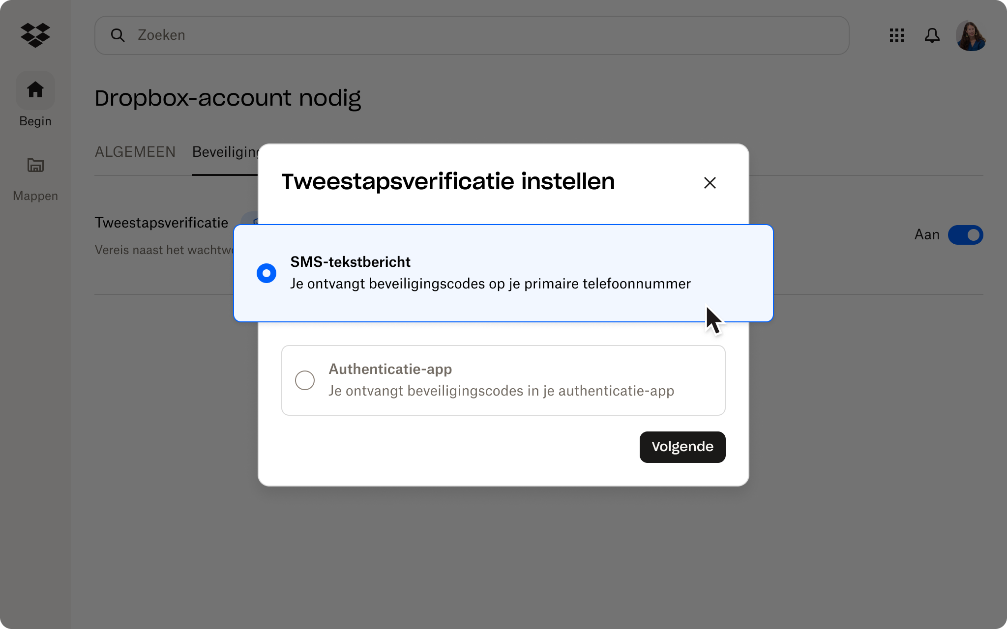 Schermafbeelding van het gedeelte Beveiliging van de Dropbox-beheerconsole. Er wordt aangegeven dat de gebruiker een sterk wachtwoord heeft, maar geen 2FA.