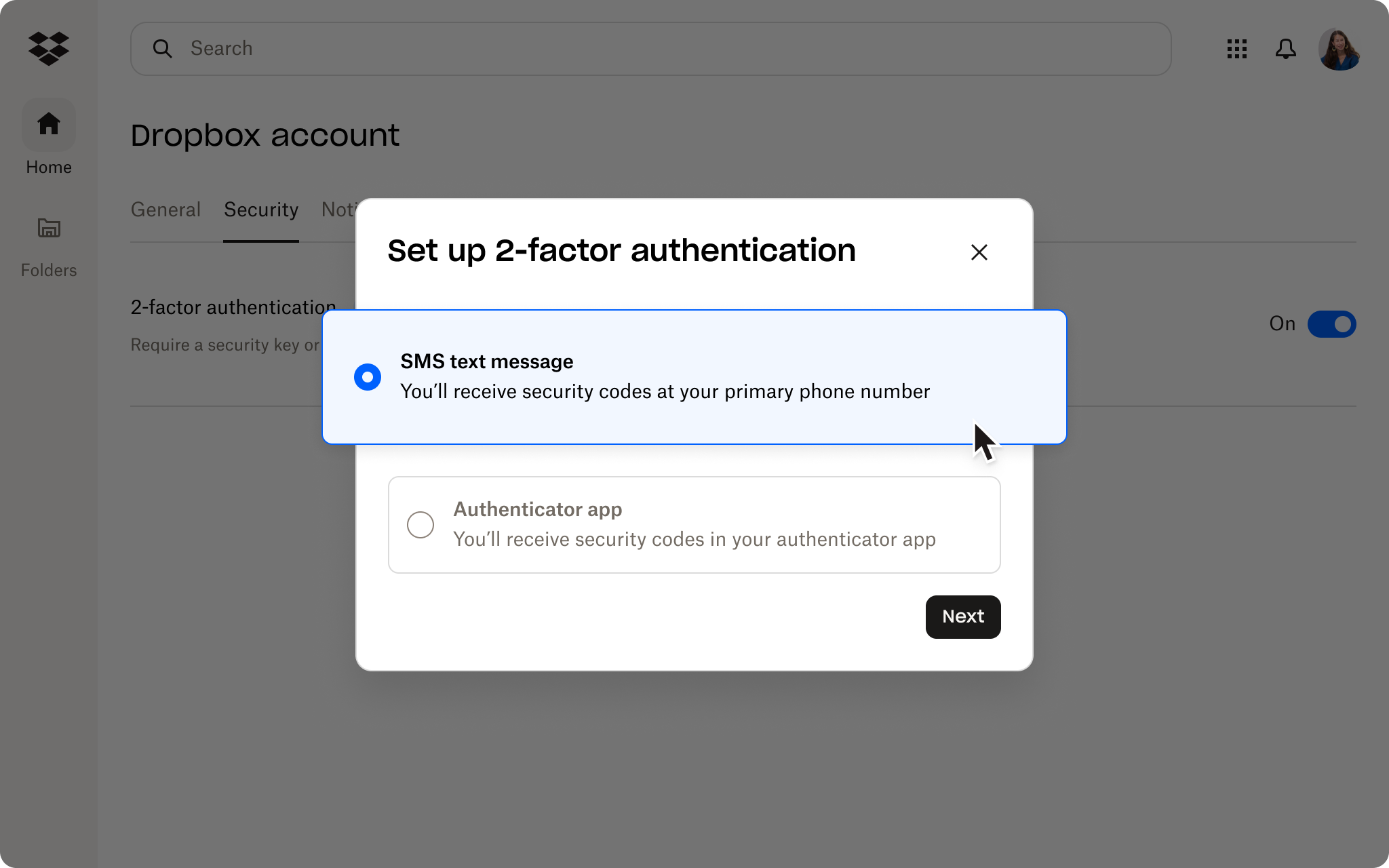 Screenshot of the Security section of the Dropbox Admin Console. The user is shown to have a strong password but no 2FA.