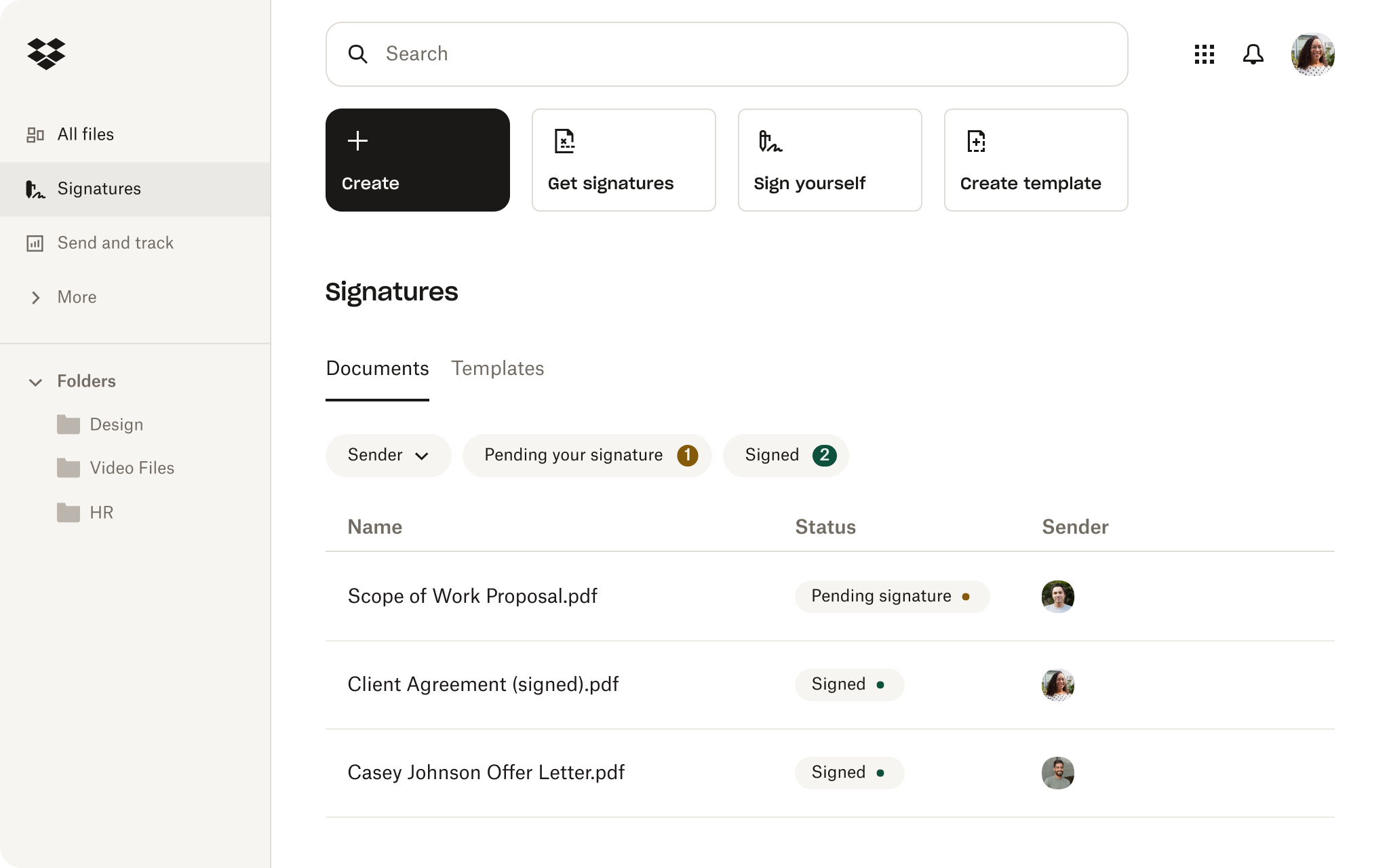 A screenshot of the eSignatures interface within Dropbox.