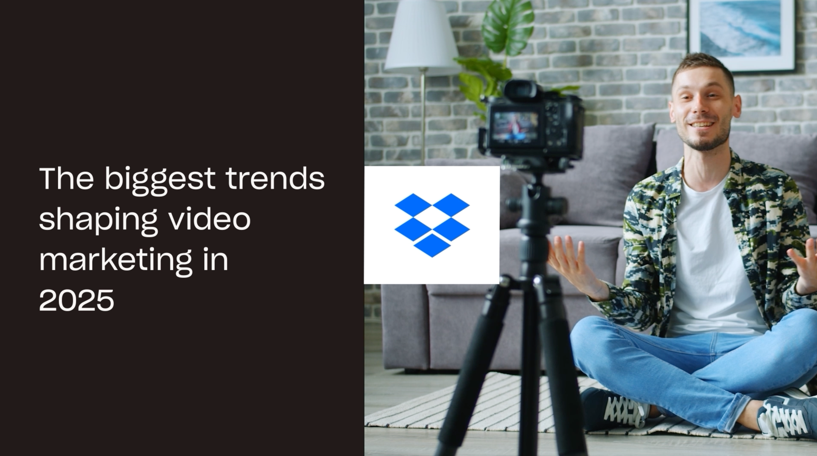 A man records a video at home, with text about video marketing trends in 2025 and a Dropbox logo overlay.