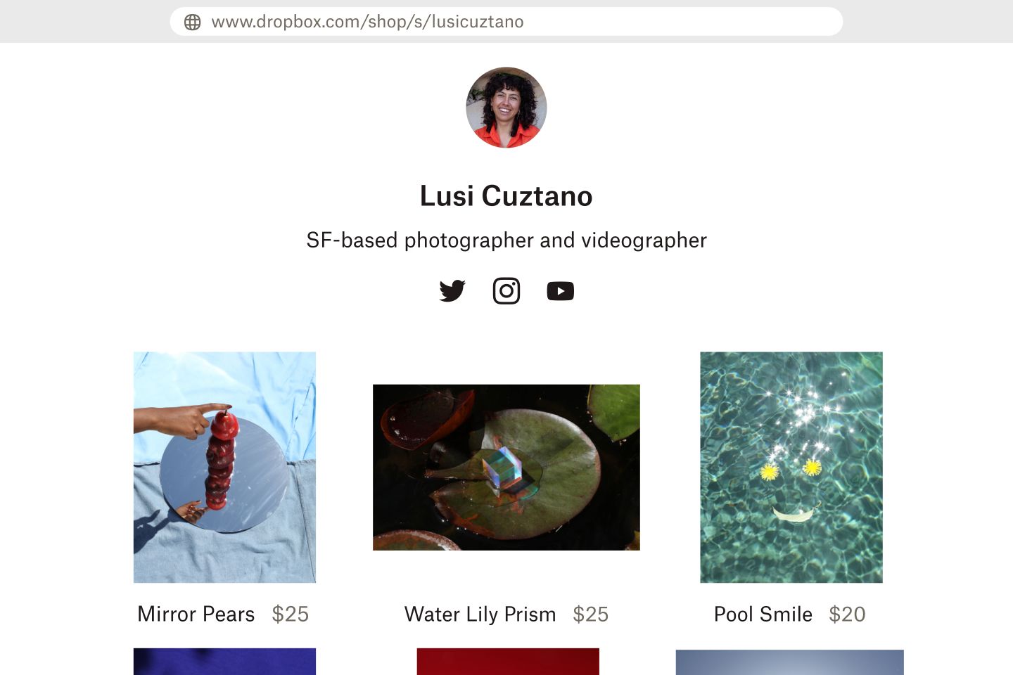 A Dropbox Shop user’s storefront includes three photos that range from $20 to $25
