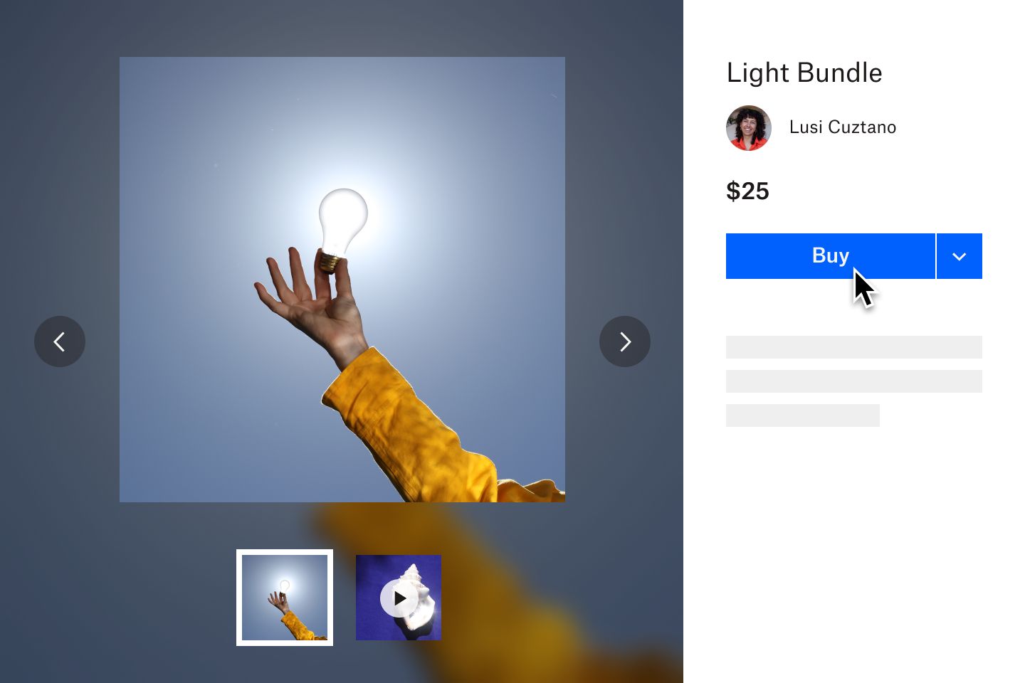 A customer clicks “buy” next to a $25 photo of a person holding a glowing light bulb 