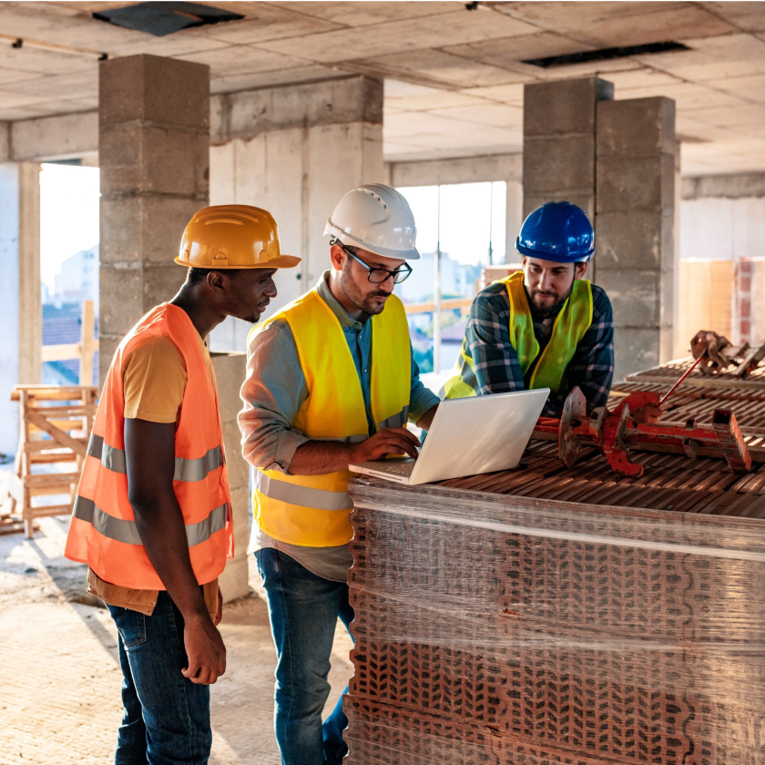 Três trabalhadores em um canteiro de obras 