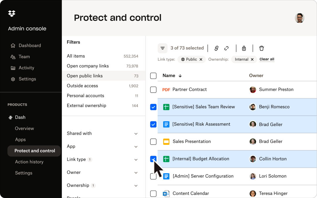 Dropbox Dash software interface, with a cursor arrow selecting files to designate who can access them. 
