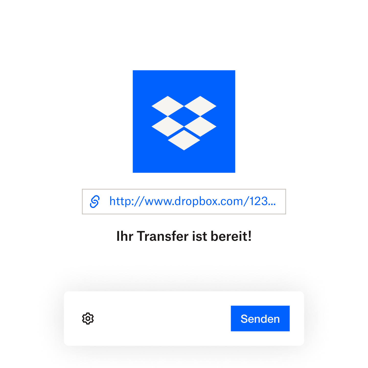 Screenshot von einer Datei, die bereit ist, in Dropbox Transfer per E-Mail oder einem kopierten Link gesendet zu werden