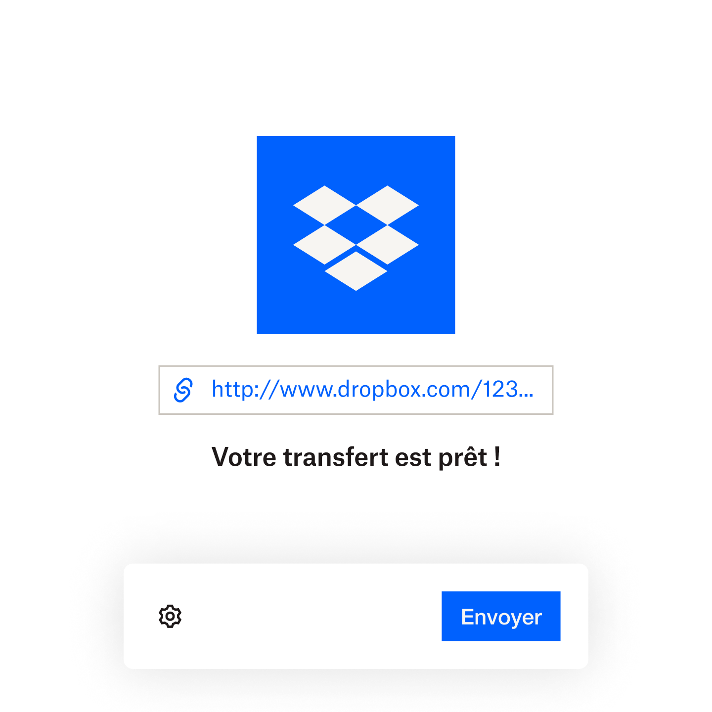 Capture d’écran d’un fichier prêt à être envoyé par e-mail ou via un lien copié dans Dropbox Transfer