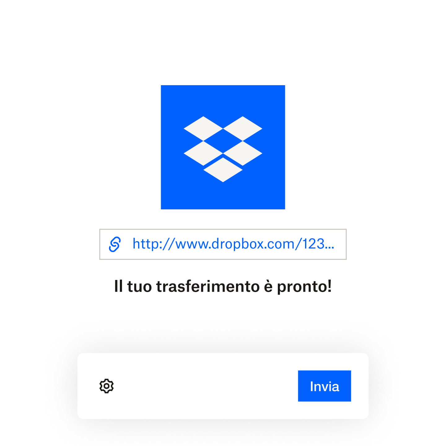 Schermata di un file pronto per essere inviato con Dropbox Transfer via e-mail o tramite link copiato
