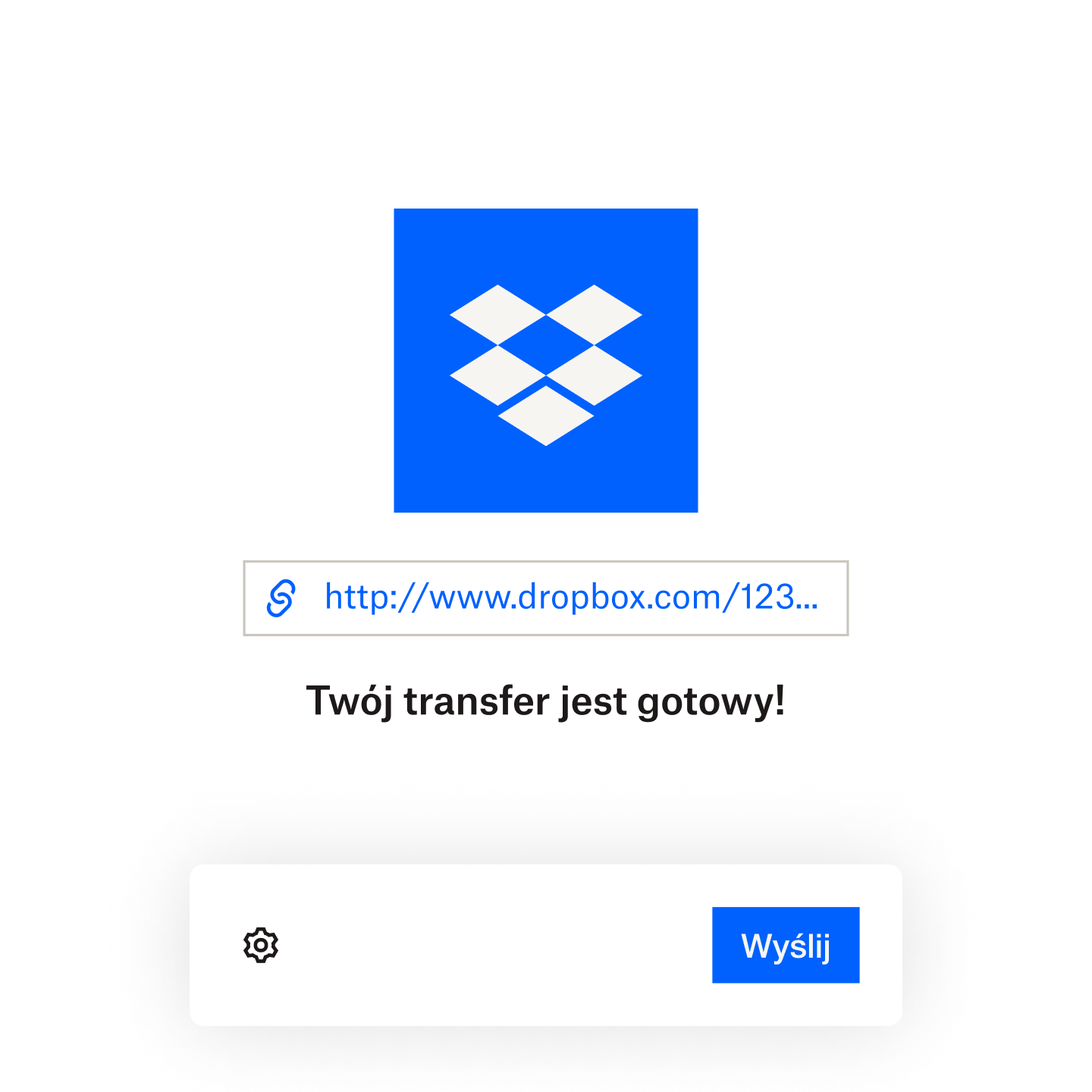 Zrzut ekranu pliku, który jest gotowy do wysłania w Dropbox Transfer przez e-mail lub skopiowane łącze