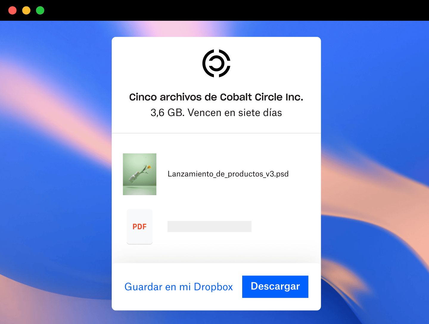Captura de pantalla de un usuario que recibe archivos en Dropbox Transfer con personalización de la marca