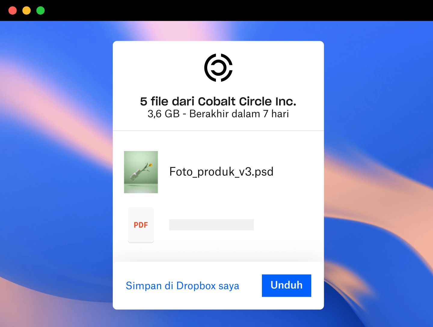 Tangkapan layar pengguna yang menerima file di Dropbox Transfer dengan pemerekan khusus