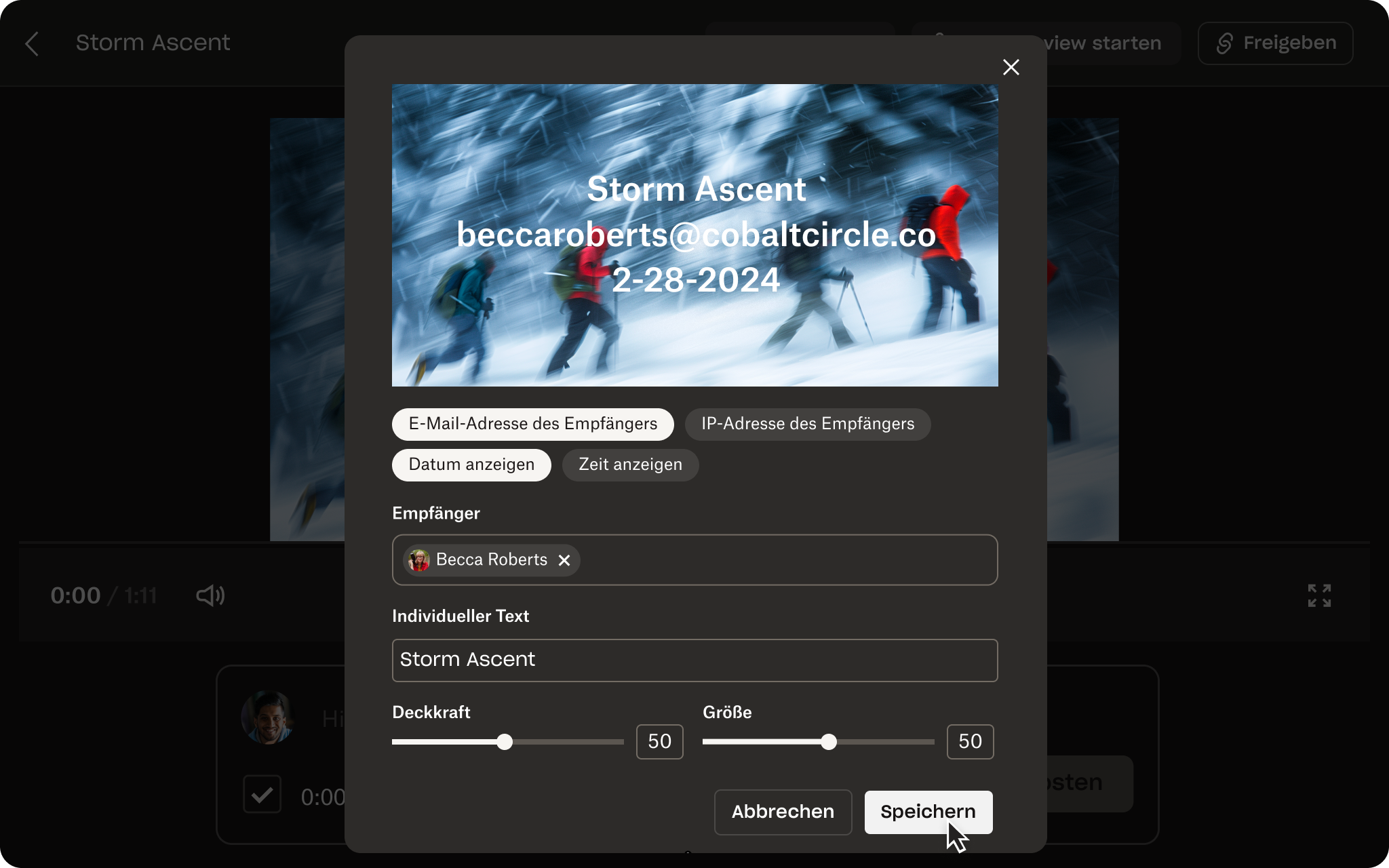 Ein Screenshot der Dropbox Replay-Benutzeroberfläche mit einem Video, das Personen im Schnee zeigt und mit einem Wasserzeichen überlagert ist.