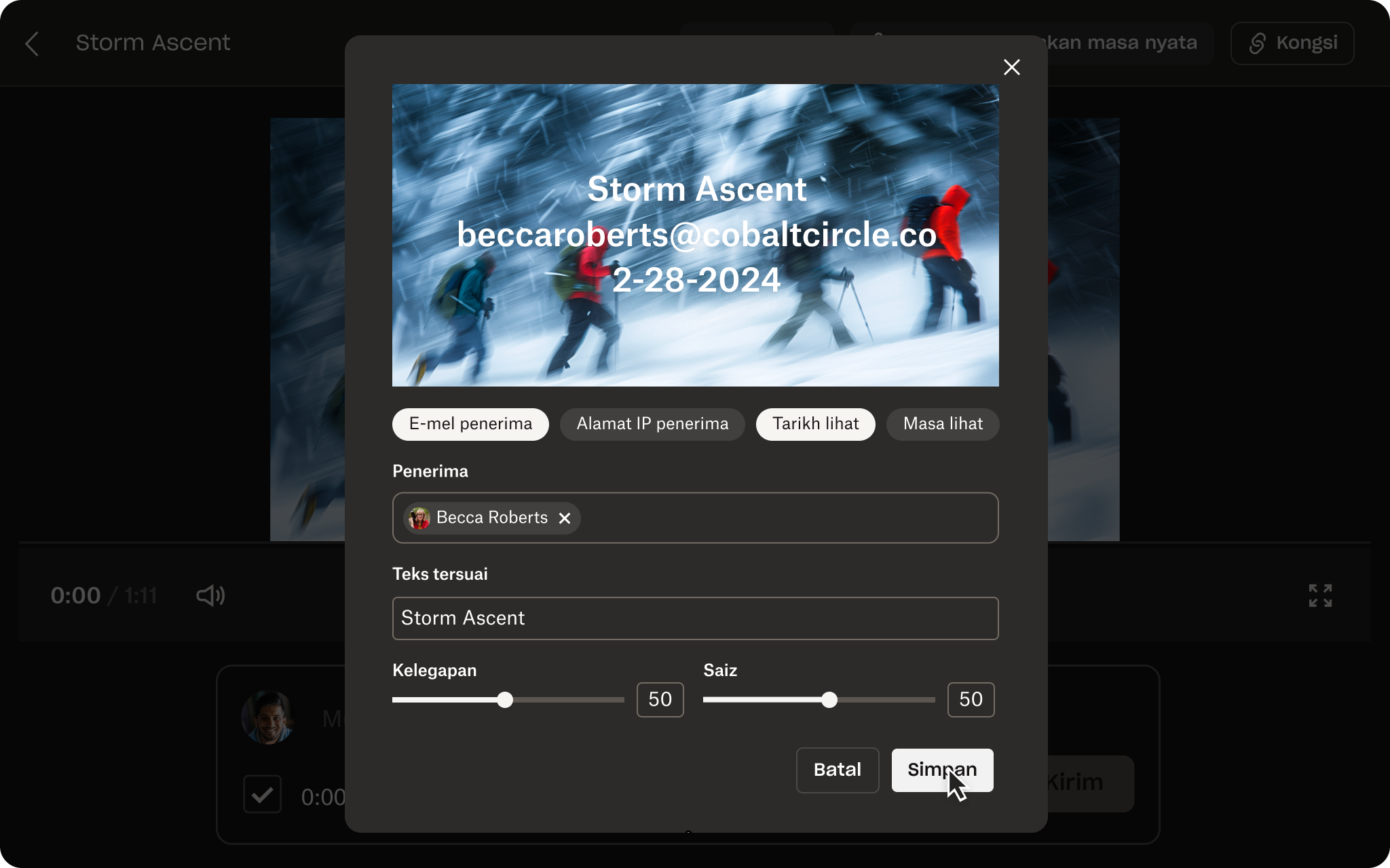 Satu tangkapan skrin UI Dropbox Replay menunjukkan video orang menjelajahi salji, tera air teks menindan di atas video.