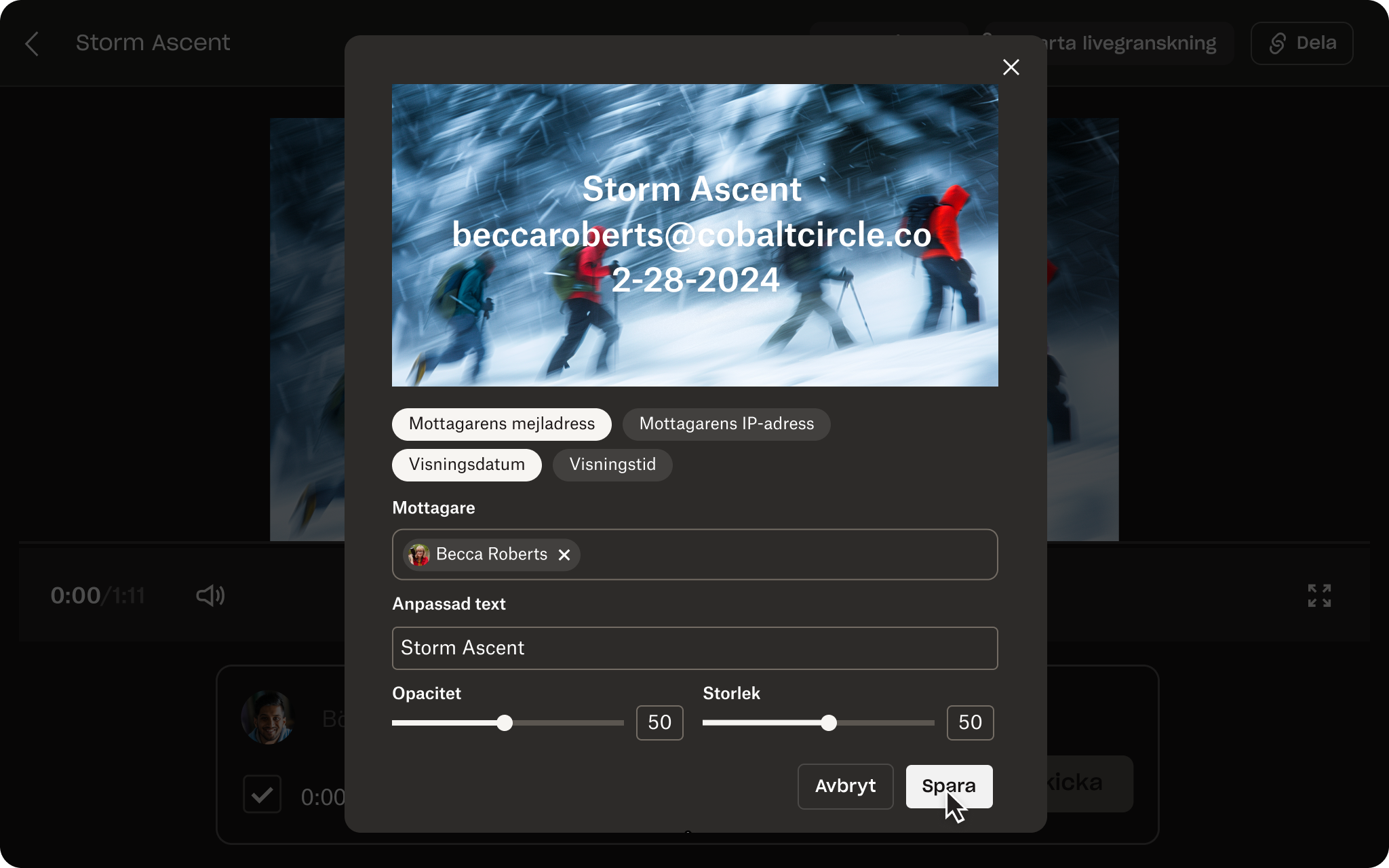 Ett skärmklipp av Dropbox Replay-gränssnittet visar en video med människor som vandrar genom snö, en vattenstämplingstext som ligger ovanpå videon.