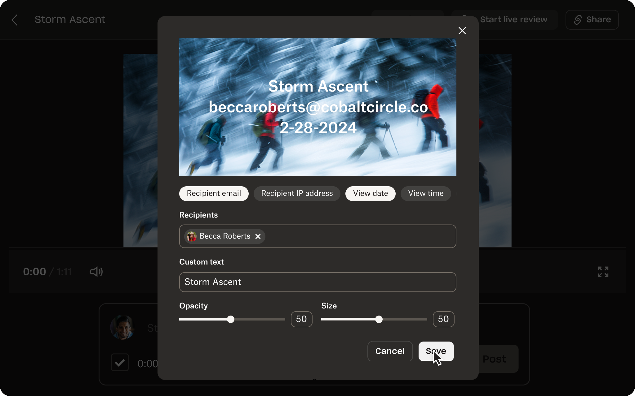 A screenshot of the Dropbox Replay UI shows a video of people hiking through snow, a text watermark overlaying the video.